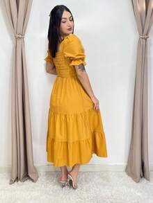 Plain Knitted Cotton Short Sleeve Midi Dress - 芥末黃 - 查看 3