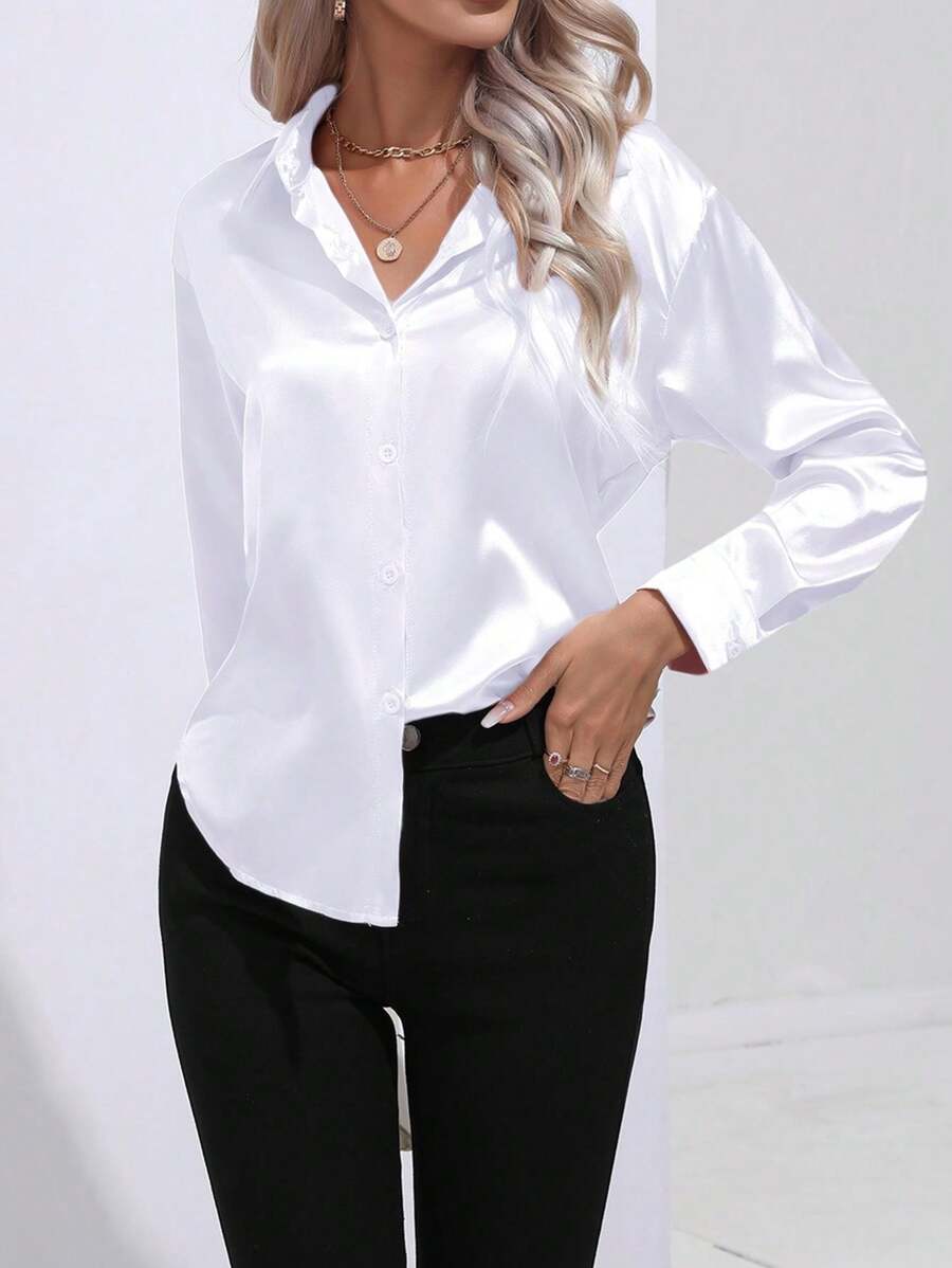 Women's Casual Lapel Button Front Faux Silk Satin Satin Long Sleeve Blouse Top
