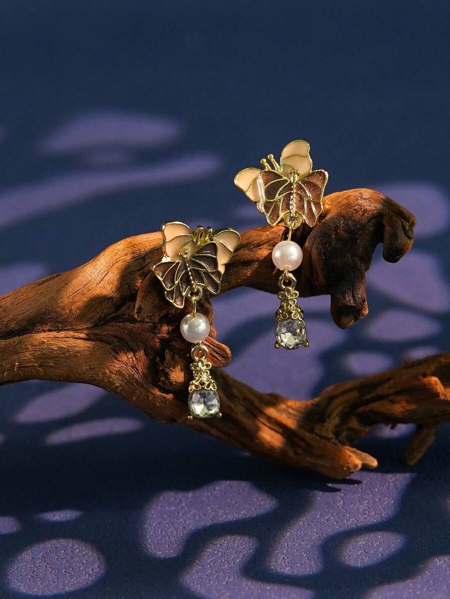 1 Cặp bông tai hình bướm và ngọc trai giả, thanh lịch, thời trang, cổ điển, tối giản, thiết kế sang trọng - bướm ngọc trai - Xem 1