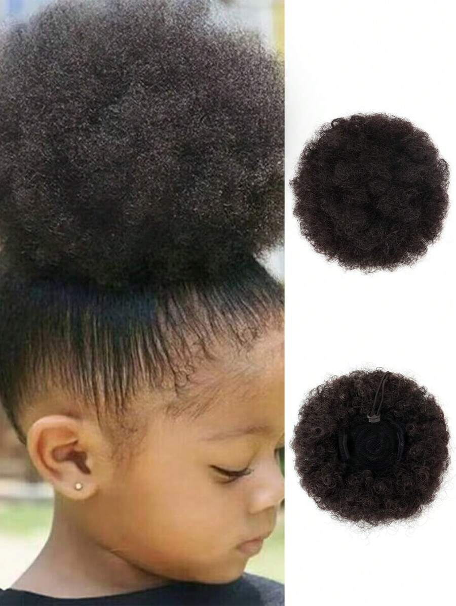 1pc African Curly Hair Bun Ponytail, Short Synthetic Afro Twist Drawstring Hair Extension, Suitable For Women And Girls - Black-brown - View 1