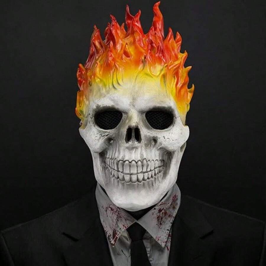 Halloween Decoration Halloween Ghost Rider Mask Skull Face Horror Costume Skeleton Adult Latex Full Head Props, Red - Multicolor - View 1