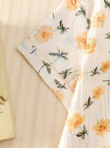 2 件套女士黄色花卉印花夏季睡衣套装，短袖纽扣衬衫和短裤，夏季休闲家居服。两件套 - 杏色 - 查看 4