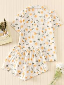 2 件套女士黄色花卉印花夏季睡衣套装，短袖纽扣衬衫和短裤，夏季休闲家居服。两件套 - 杏色 - 查看 2