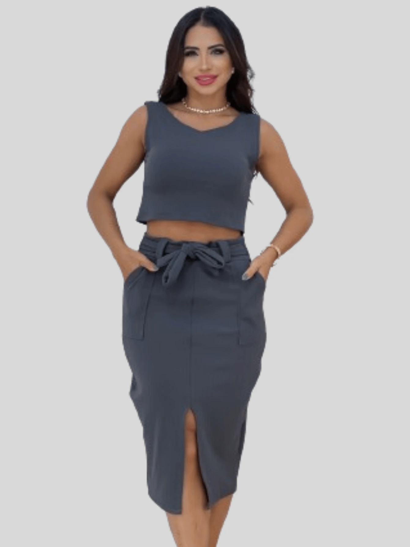 Women's Midi Skirt And Cropped Set - Grey - View 1