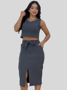Women's Midi Skirt And Cropped Set - Grey - View 3