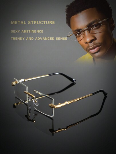 نظارة للرجال إطار معدني بشكل مستطيل عديم الحواف ، نظارة موضة عصرية فاخرة بسيطة وجذابة مناسبة للاستخدام اليومي والمناسبات