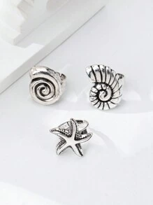 Set de 3 piezas de anillos con elementos marinos en relieve metálicos envejecidos y exagerados, para mujer, accesorios de verano/vacaciones - caracola de estrella de mar - Ver 19