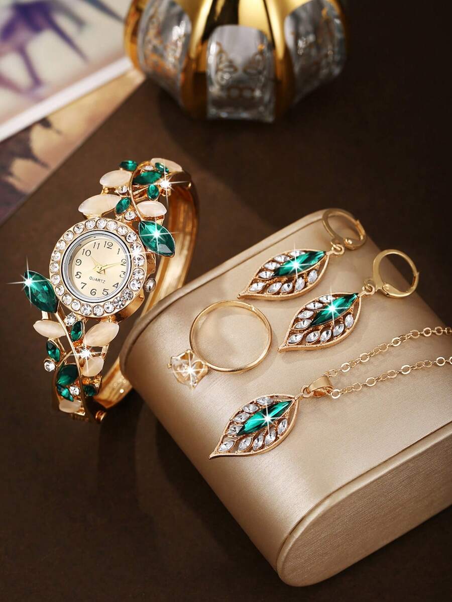 女孩奢华简约手链手表 + 叶子首饰套装，女孩优雅派对腕表