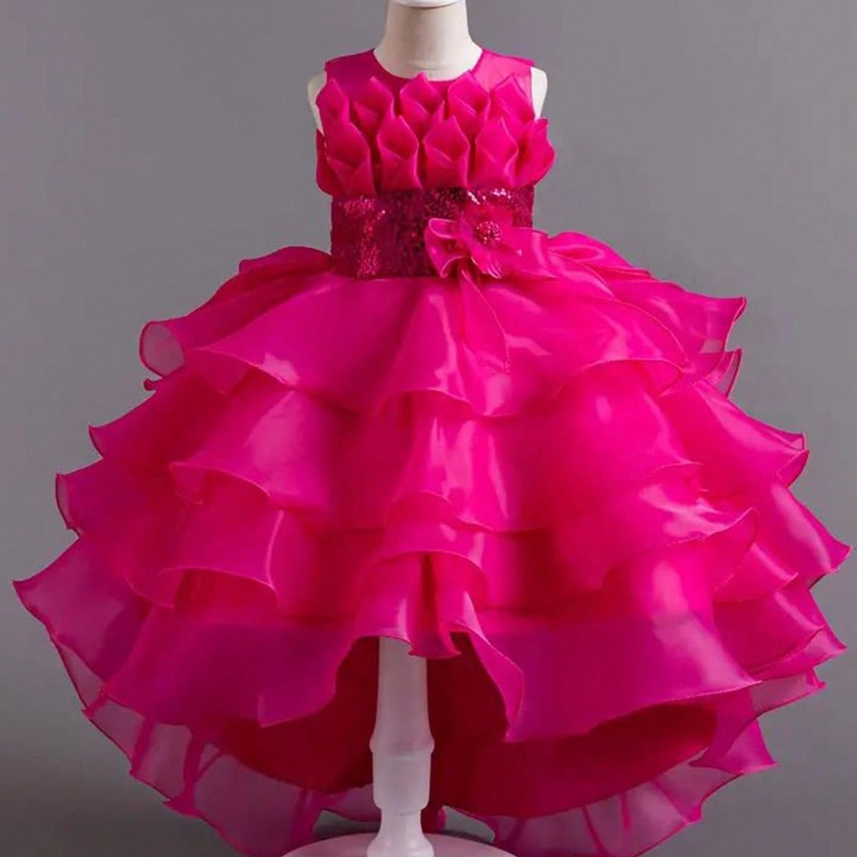 Vestido de fiesta con volantes de tul y lentejuelas brillantes de múltiples capas para niña preadolescente, vestido de dama de honor, graduación, b
