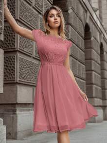 MIUSOL Đầm xòe dự tiệc tay lỡ đính sequin ren hoa eo cao - Bụi hồng - Xem 8