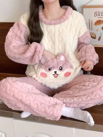 2pcs Jacquard Long Sleeve Top And Pants Fluffy Pajama Set With Pockets, Thermal Lined , Cute Puppy Design, Winter Warm & Cozy Sleepwear For Women, Fall Clothes