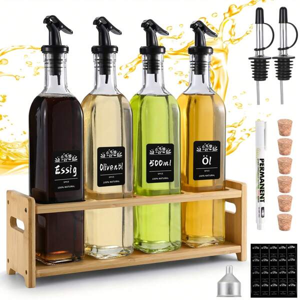 500ml Ölkaraffe mit Holzständer, 4 Stück Glasflaschen, Olivenöl Spender mit Trichter, Essig und Öl Flascheset, lebensmittelechtes bleifreies Glas mit Etikett, Kork, für Liköre und Essige