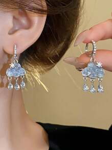 1 Pair Unique Designed Blue Rhinestone Cloud Tassel Drop Earrings, Gorgeous! - Silver - View 3