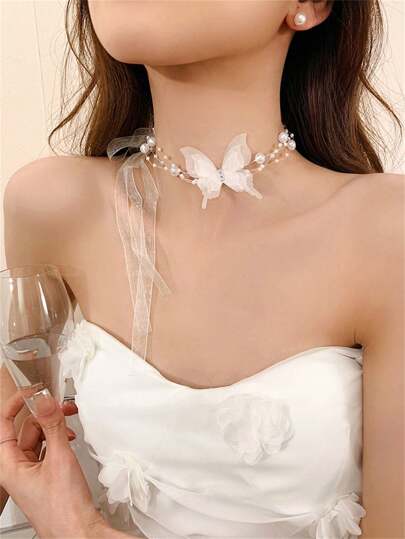 1pc Elegant White Mesh Butterfly & Faux Pearl Ribbon Necklace, Vintage French Style Fashion Bridal Choker Collar. Valentine's Day Accessories