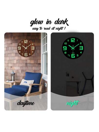 1pc Wooden Wand Clock, Round Silent Quartz Movement, Moderne Day/Night Luminous Home Living Room Bedroom Kitchen Office, Optional Klok Faces Butterfly/Simplicity/Retro Requires AA Battery (Not Included) view 5