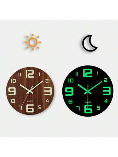 1pc Wooden Wand Clock, Round Silent Quartz Movement, Moderne Day/Night Luminous Home Living Room Bedroom Kitchen Office, Optional Klok Faces Butterfly/Simplicity/Retro Requires AA Battery (Not Included) view 2