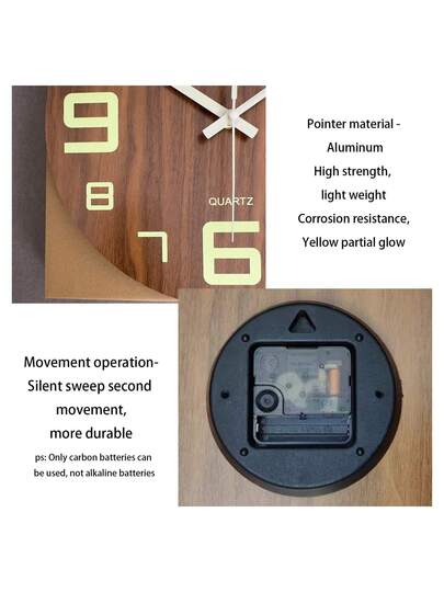 1pc Wooden Wand Clock, Round Silent Quartz Movement, Moderne Day/Night Luminous Home Living Room Bedroom Kitchen Office, Optional Klok Faces Butterfly/Simplicity/Retro Requires AA Battery (Not Included) view 9