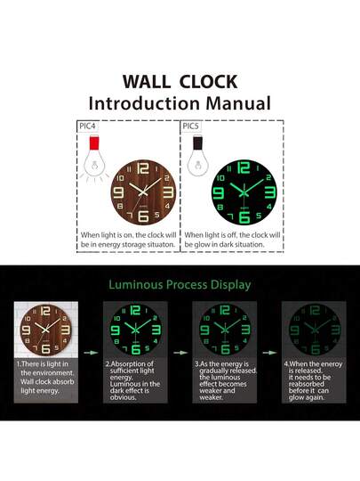 1pc Wooden Wand Clock, Round Silent Quartz Movement, Moderne Day/Night Luminous Home Living Room Bedroom Kitchen Office, Optional Klok Faces Butterfly/Simplicity/Retro Requires AA Battery (Not Included) view 4