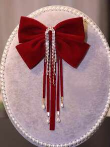 新款时尚/新年礼物水晶流苏大蝴蝶结天鹅绒弹簧夹发饰，双层蝴蝶结丝带发夹女士情人节 - 黑色吊墜髮夾 - 查看 5