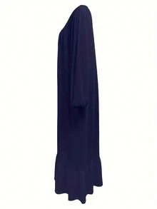 Women's Solid Color Fashionable Petal Sleeve Ruffle Hem Dress Spring - Navy Blue - View 5