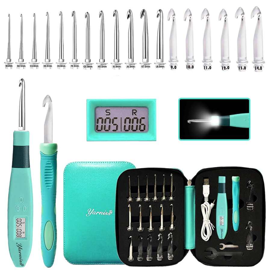 18 Sizes Counting Crochet Hooks With Light, Digital Counter Crochet Hooks Set With Case (2.0mm~14.0mm)