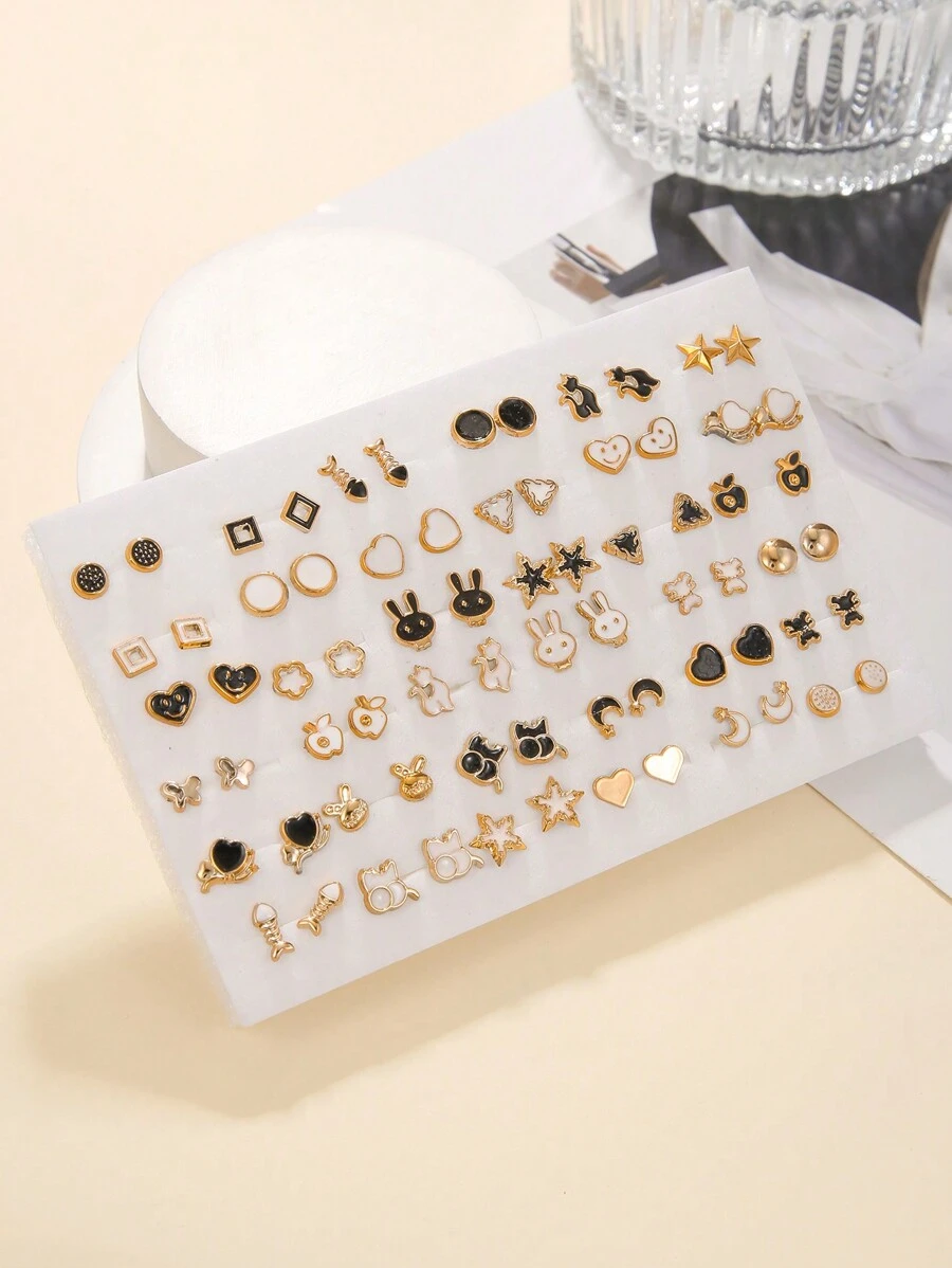 36 件/套女孩彩色水钻塑料耳环套装，颜色和款式随机，无盒，适合日常佩戴 - 彩色 - 查看 1