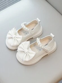 1 Pair Girls Pearl Bow Hook-And-Loop Princess Style Flats, Lightweight Non-Slip Soft Sole, Suitable For Party, Prom In Spring And Autumn - Beige - View 19