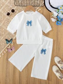 2pcs Young Girl Casual Drop-Shoulder Sweatshirt With Bow Print And Loose Pants Set, Autumn - White - View 1