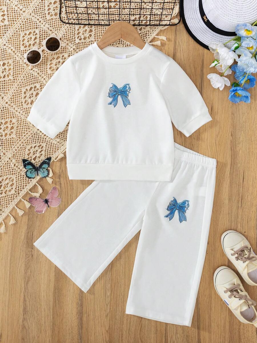 2pcs Young Girl Casual Drop-Shoulder Sweatshirt With Bow Print And Loose Pants Set, Autumn - White - View 1