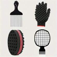 4 Pcs/Set Hair Sponge Set, Curly Hair Sponge Gloves, Metallic Hair Comb, Curly Hair Comb, Barber Salon Daily Use Of Oil Tinfoil Hair Comb Set Pink Accessories Sponge Hair Men ,Barber, Men Accessories