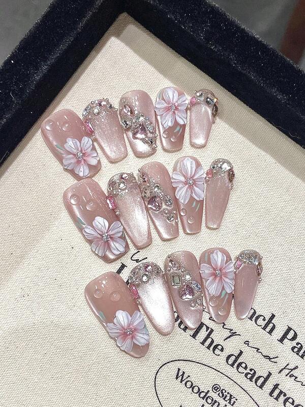 10 peças de gotas de orvalho de flor 3D pintadas à mão rosa diamante unhas de pressão feitas à mão, unhas postiças curtas e ovais de caixão/cobertura total com cola gelatinosa e lixa de unha, suprimentos para arte em unhas faça você mesmo em casa