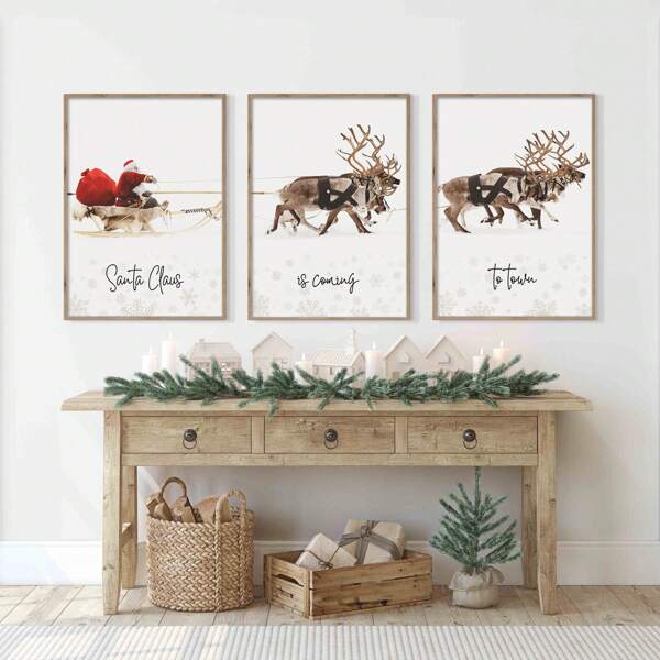 Set Of 3 Santa Claus Reindeers Print Canvas Paintings Decor Holiday Printable Xmas Wall Art Seasonal Wall Art Xmas Decor Gift For Her Unframed Home Decor Christmas Decorations Room Decor Christmas
