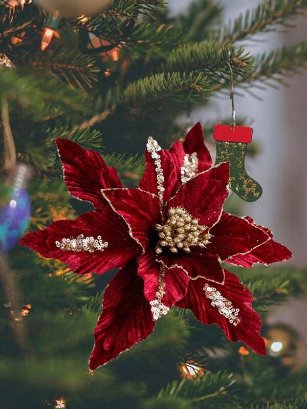 1pc Glitter Christmas Flowers, Artificial Flowers Christmas Decorations, Ornaments For Christmas Tree, Scene Decor, Festivals Decor, Room Decor, Home Decor,,Christmas