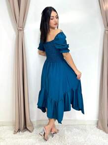Short Sleeve Plain Midi Dress - 水鴨藍 - 查看 3