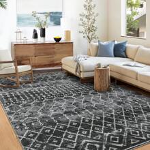 Teppich im Boho-Stil, schmutzabweisender, leicht zu reinigender Innen- und Außenteppich für Wohnzimmer, Schlafzimmer, Wintergarten, Salon, fusselfreier Teppich mit niedrigem Flor - Schwarz - Übersicht 1