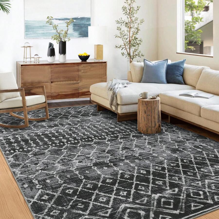 Teppich im Boho-Stil, schmutzabweisender, leicht zu reinigender Innen- und Außenteppich für Wohnzimmer, Schlafzimmer, Wintergarten, Salon, fusselfreier Teppich mit niedrigem Flor - Schwarz - Übersicht 1