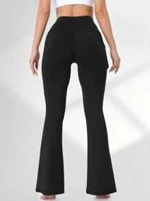 女式高腰瑜伽喇叭裤，带侧袋，收腹，紧身健身紧身裤，速干压缩裤 - 黑色 - 查看 4