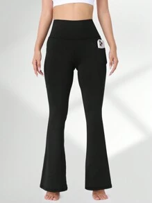 女式高腰瑜伽喇叭裤，带侧袋，收腹，紧身健身紧身裤，速干压缩裤 - 黑色 - 查看 3