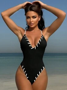 Women's Sexy Ribbed Fabric Deep V-Neck Contrast Color Spaghetti Strap Backless Tie-Up One-Piece Swimsuit, Suitable For Summer Beach Vacation - View 2