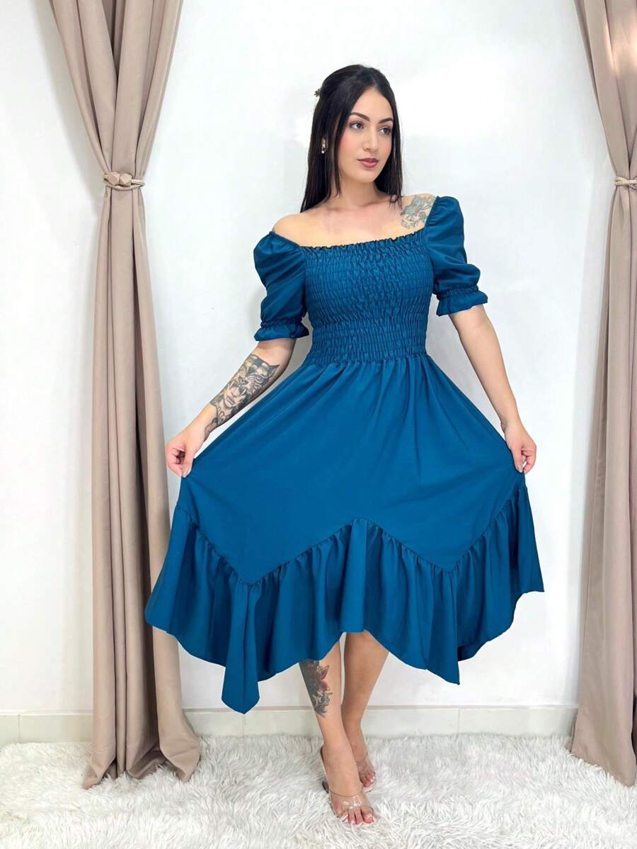 Short Sleeve Plain Midi Dress - 水鴨藍 - 查看 1