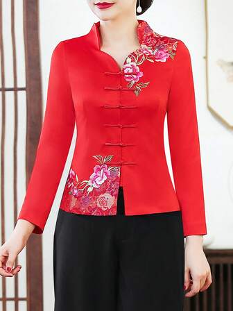 牡丹刺绣旗袍式长袖外套，新款中式唐装开衫，女士优雅服饰，适合圣诞夜/感恩节/圣诞节/春节/除夕等场合，日常/休闲/社交/各种场合/假日/活动/节日穿着