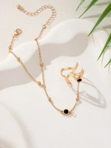 1pc Fashion Minimalist Beaded Chain Knuckle Ring, Adjustable Size, Daily Accessory For Women