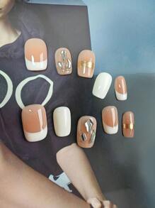 10 szt. francuskich, ręcznie robionych, krótkich, kwadratowych sztucznych paznokci, elegancki zestaw do manicure, do codziennego noszenia i na imprezy, do naklejania na paznokcie, artykuły do paznokci, paznokcie