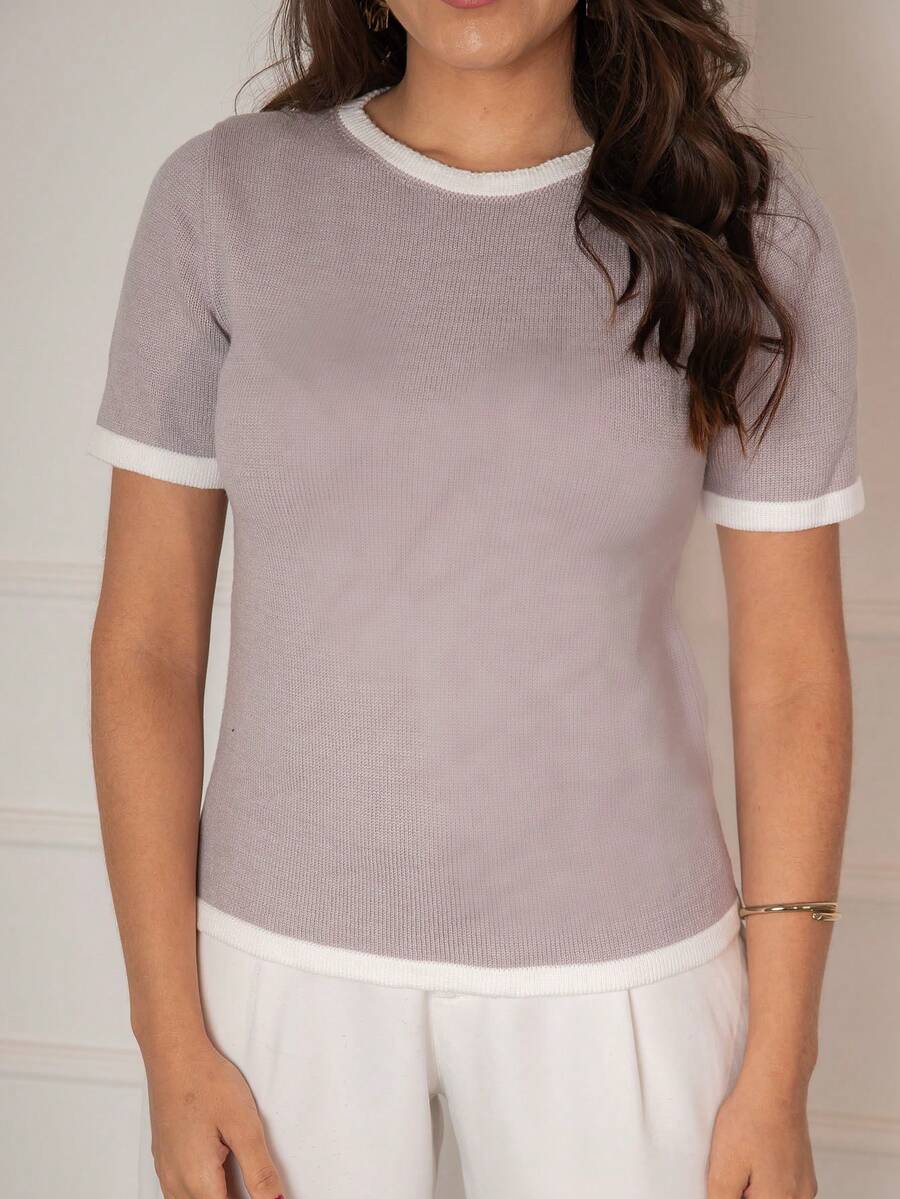 Modal Line Knit Blouse Short Sleeve Good Summer Fabric - Xám - Xem 1