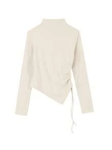 Women's Solid Color Long Sleeve Stand Collar Ruched Hem T-Shirt, Spring/Summer - Apricot - View 4