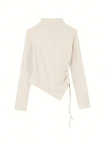 Women's Solid Color Long Sleeve Stand Collar Ruched Hem T-Shirt, Spring/Summer