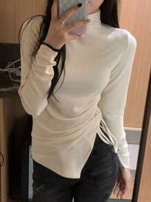 Women's Solid Color Long Sleeve Stand Collar Ruched Hem T-Shirt, Spring/Summer
