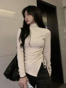 Women's Solid Color Long Sleeve Stand Collar Ruched Hem T-Shirt, Spring/Summer - Apricot - View 1