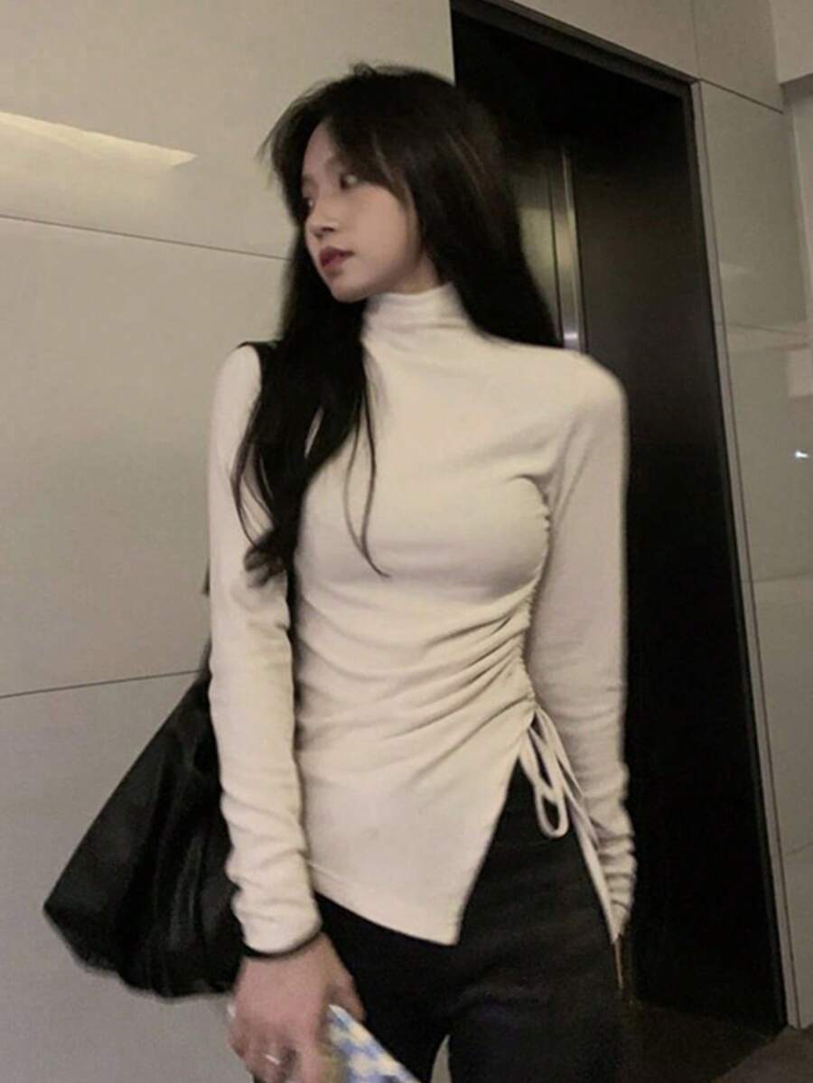 Women's Solid Color Long Sleeve Stand Collar Ruched Hem T-Shirt, Spring/Summer - Apricot - View 1