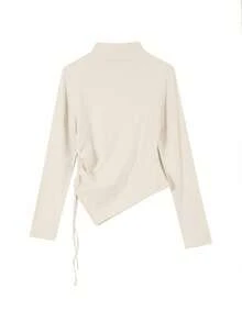 Women's Solid Color Long Sleeve Stand Collar Ruched Hem T-Shirt, Spring/Summer - Apricot - View 3